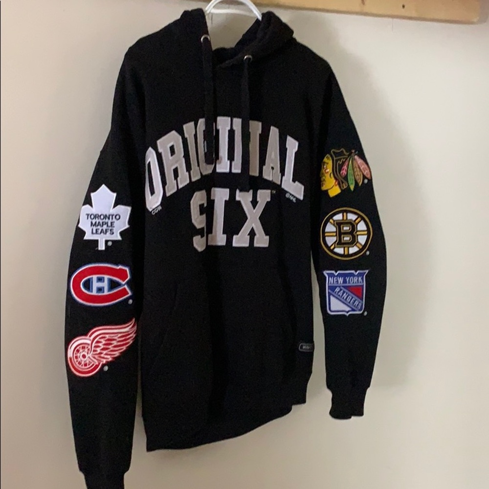 Original Six hockey Hoodie. All Stitched Emblems.